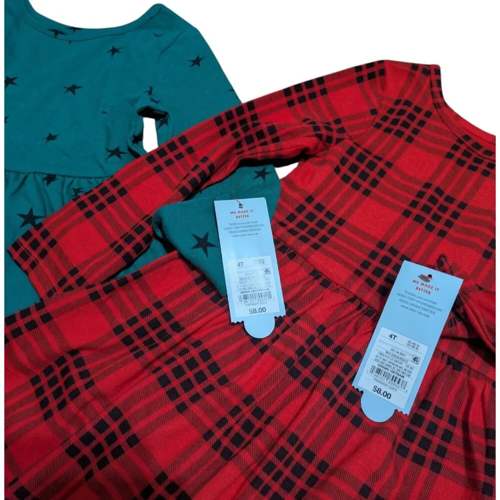 Cat & Jack Toddler Girls Dress Bundle Size 4T Red Plaid & Teal Star Long Sleeve